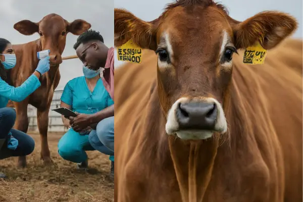 Close-up photo of cow with BVDV showing symptoms like fever, diarrhea, and respiratory distress.