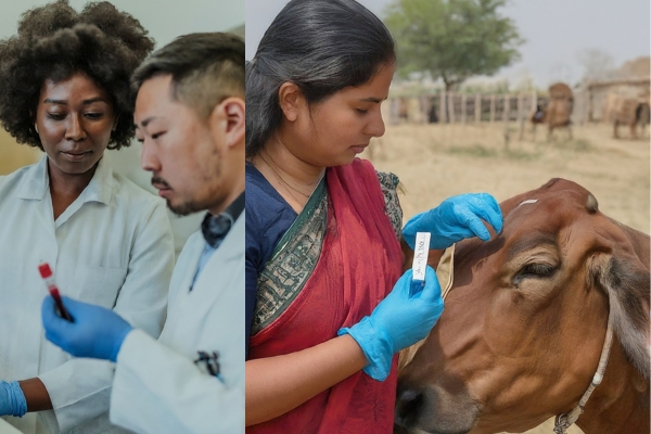 Diverse veterinarians diagnosing BVD in a cow using a blood sample.