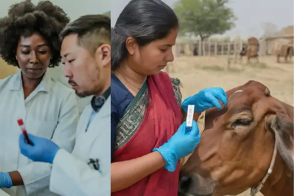 Diverse veterinarians diagnosing BVD in a cow using a blood sample.