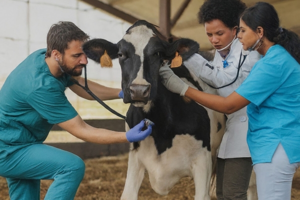 Veterinarians examining a cow with anaplasmosis.