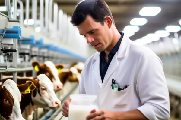 cattle doctor taking milk from dairy farm