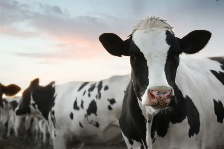 There are many cattle but 1 is watching straight