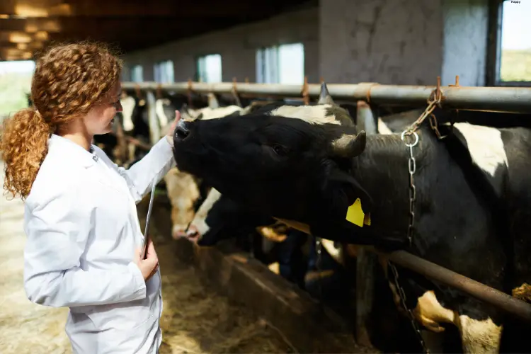 Vet is touching cattle smoothly