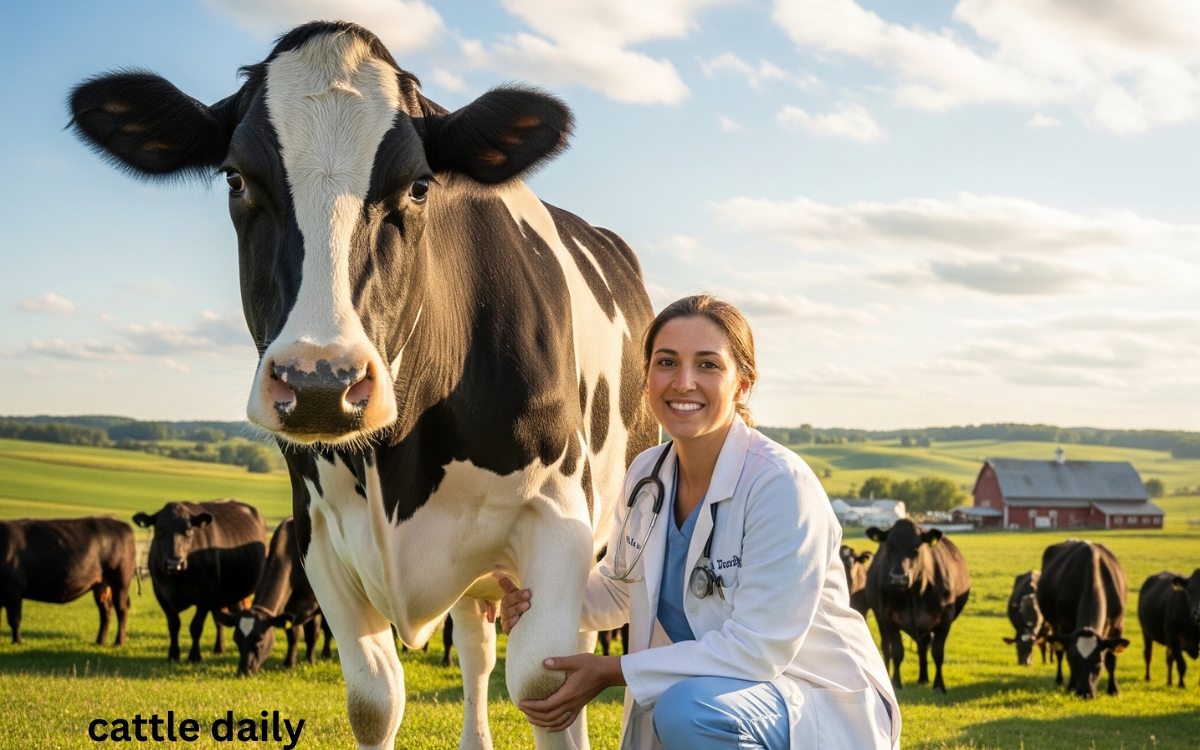 cow pet doctor with cattle in farm