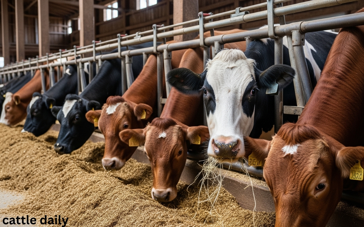 cow Cattle eating food in farm