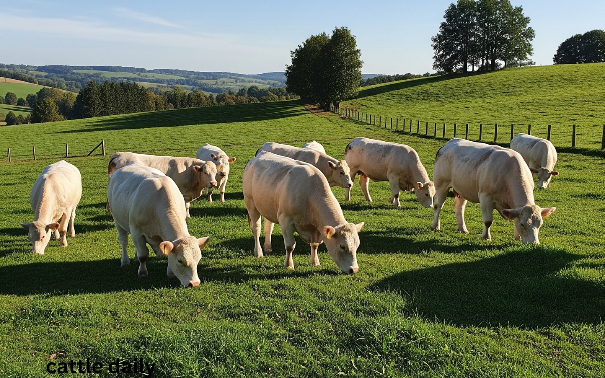 Cattle breeds Charolais in farm eating green grass