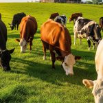 Cattle breeds in us in farm eating green grass