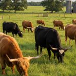 generate me image showing: different cattle breeds in farm eating grass