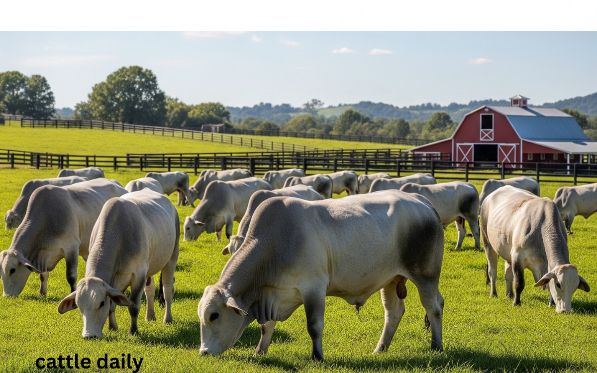Grey cattle breed in farm eating green grass