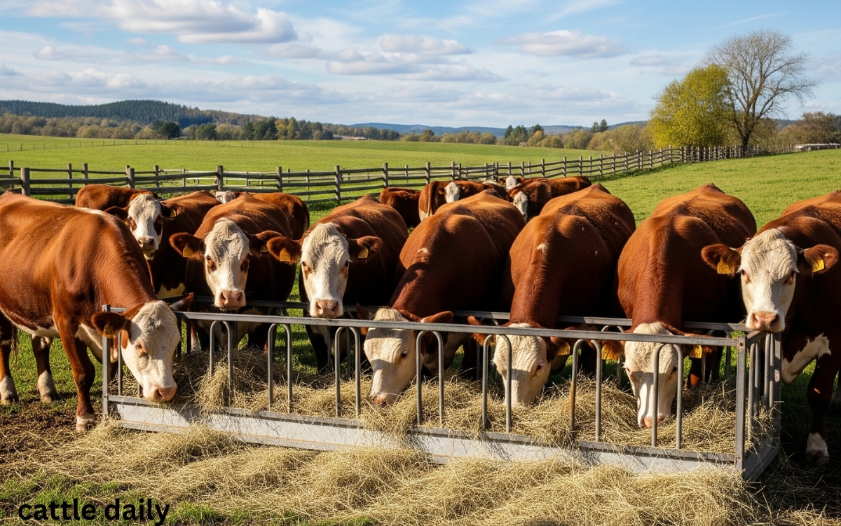Hereford cattle breed in farm eating food