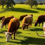 different cattle breeds in farm eating green grass