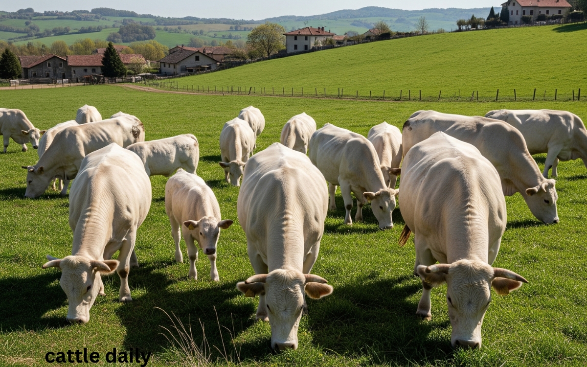 chianina cattle breeds in farm eating green grass
