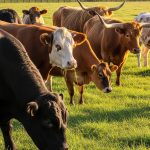 different cattle breeds in farm eating green grass