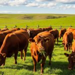 red cattle breeds in farm eating green grass