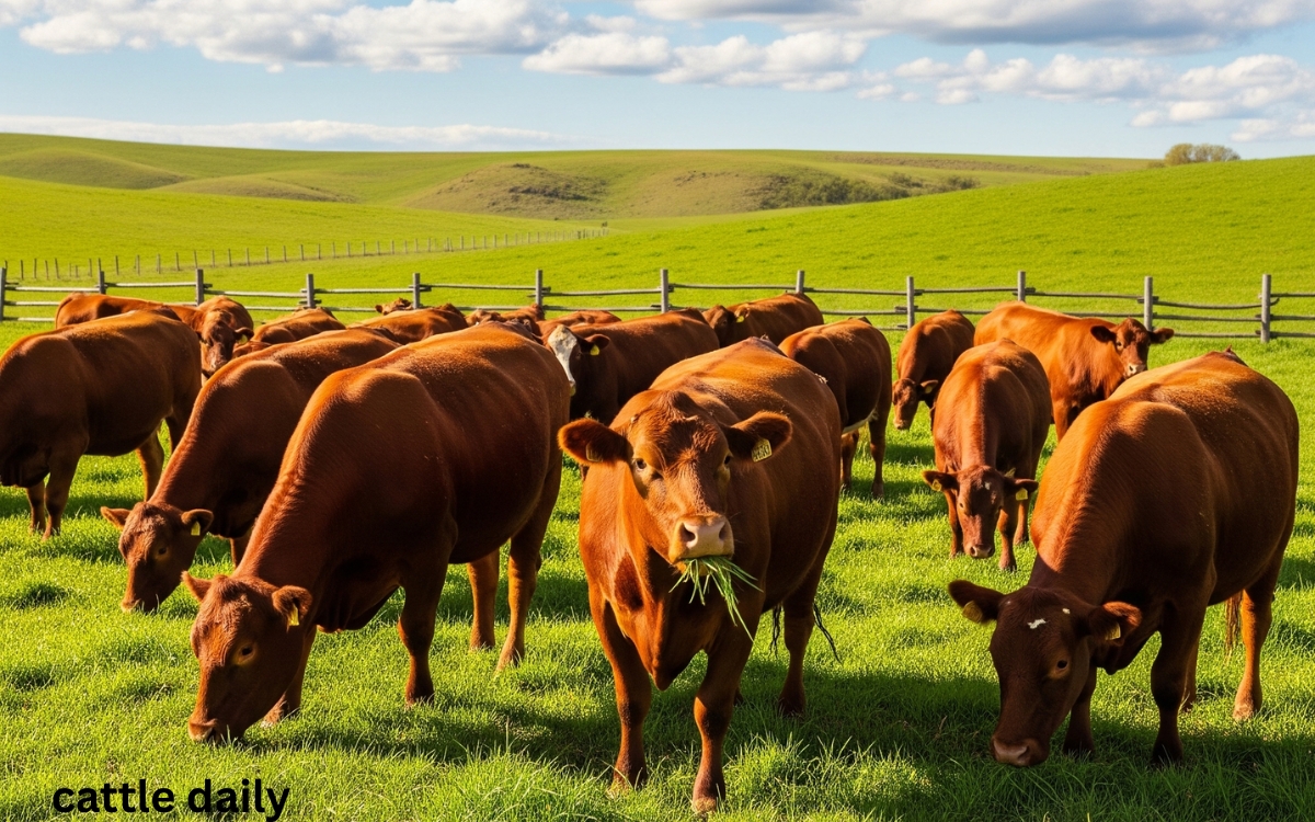 red cattle breeds in farm eating green grass