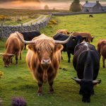 Scotland cattle breeds in farm eating green grass