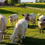 white different cattle breeds in farm eating green grass