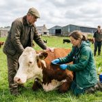 doctor treating Grass Tetany in Cattle in farm , farmers in big farm